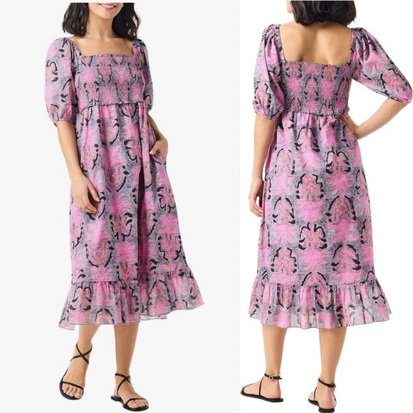 NIC + ZOE Petal Patch Floral Woven Square Neck Elbow Sleeve Ruffle Midi Dress - Picture 10 of 10